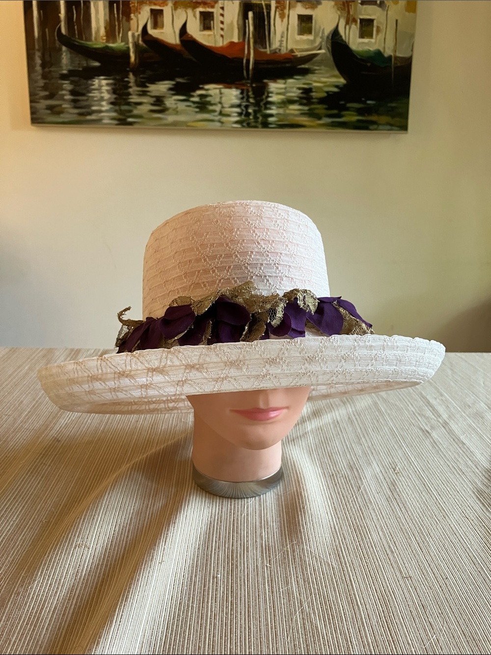 Elegant Beige Sun Hat with Purple  and Tan Fringe Floral Trim